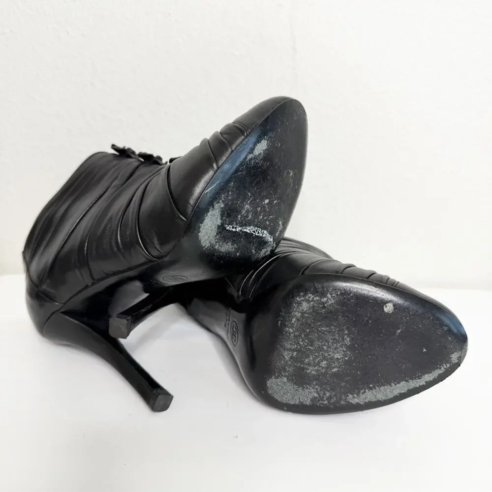 CHANEL Black Ankle Booties Cap Toe Size 37.5 Camellia Flower